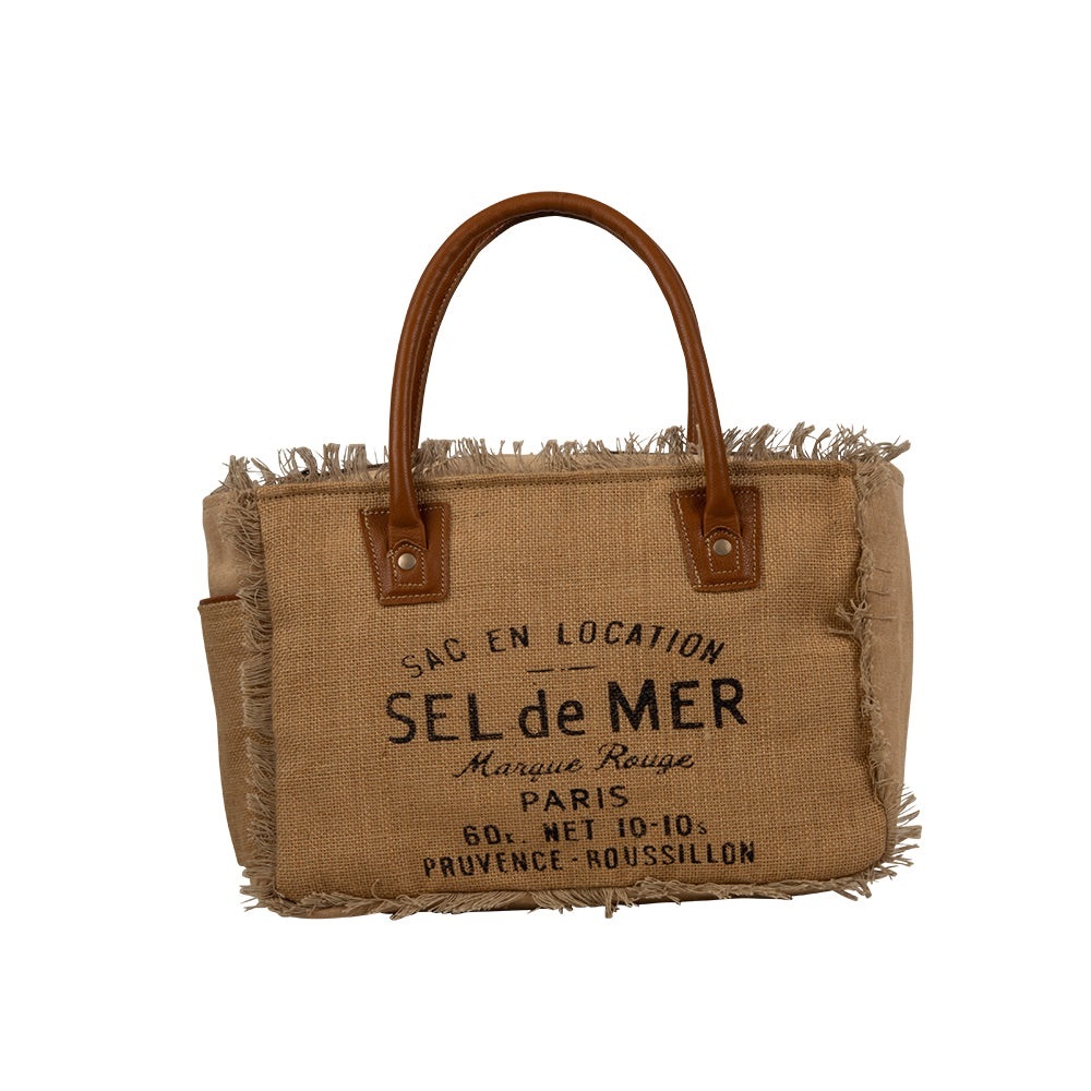 NWOT Myra Sel De Mer Canvas Leather Tote Bag Frayed Fringe French Market Rustic - Picture 2 of 5
